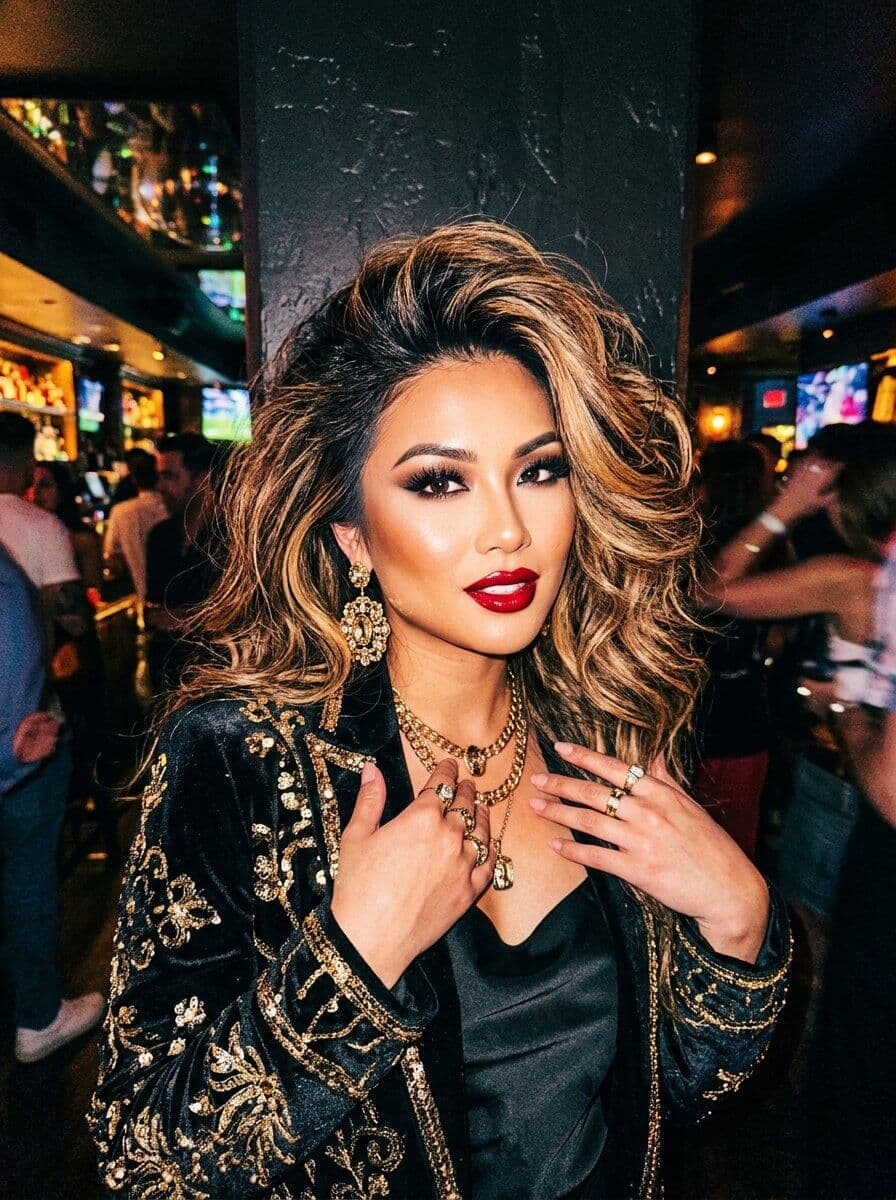 Heavy makeup, styled hair, harsh flash creating shadows, patterned background.