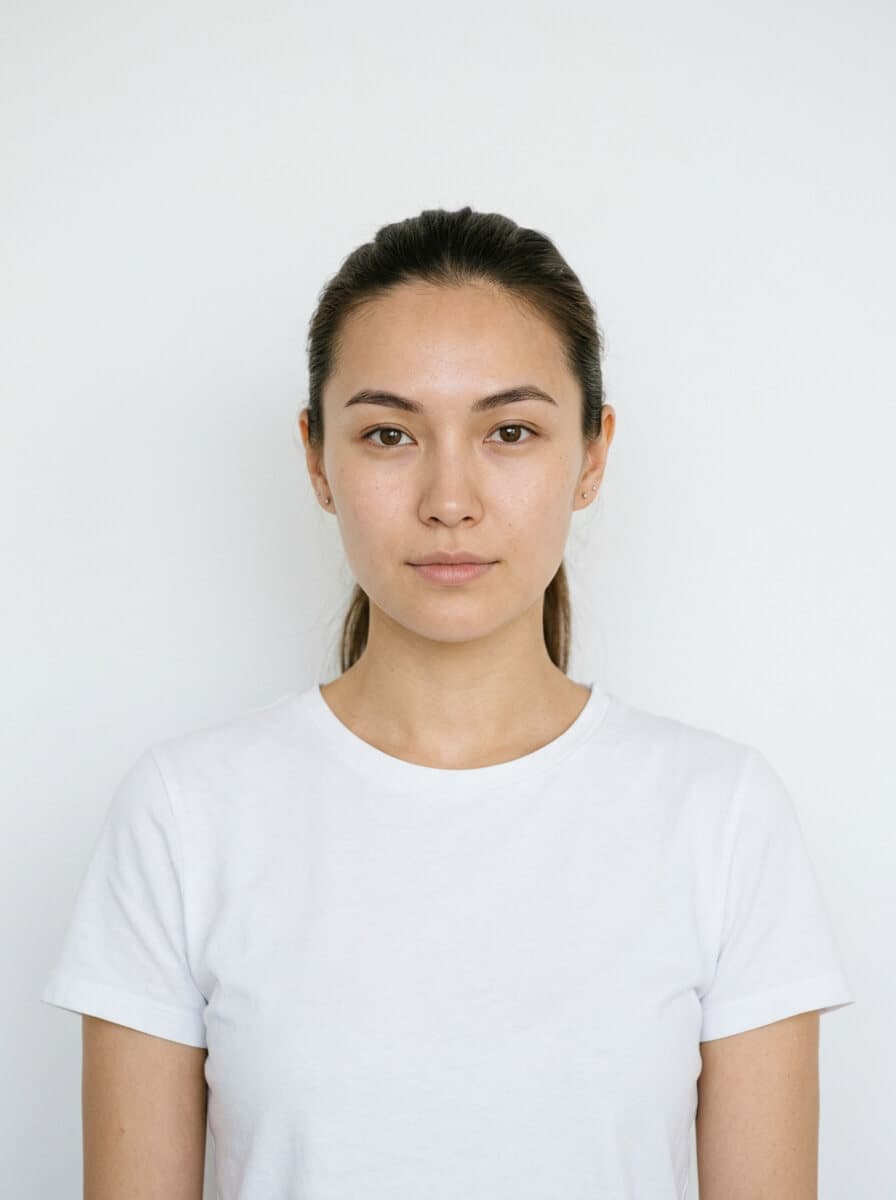 No makeup, natural hair, soft window light, plain white wall behind.